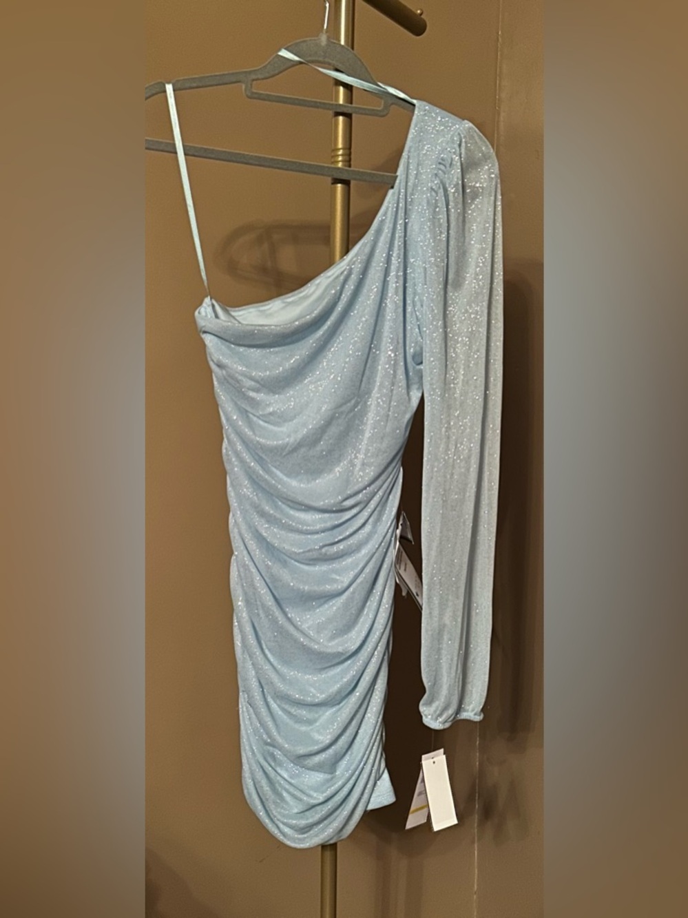 Jump One-Shoulder Sparkle Ruched Dress in Light Blue